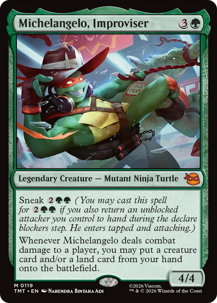 Michelangelo, Improviser - Mythic Legendary Creature — Mutant Ninja Turtle card from Teenage Mutant Ninja Turtles