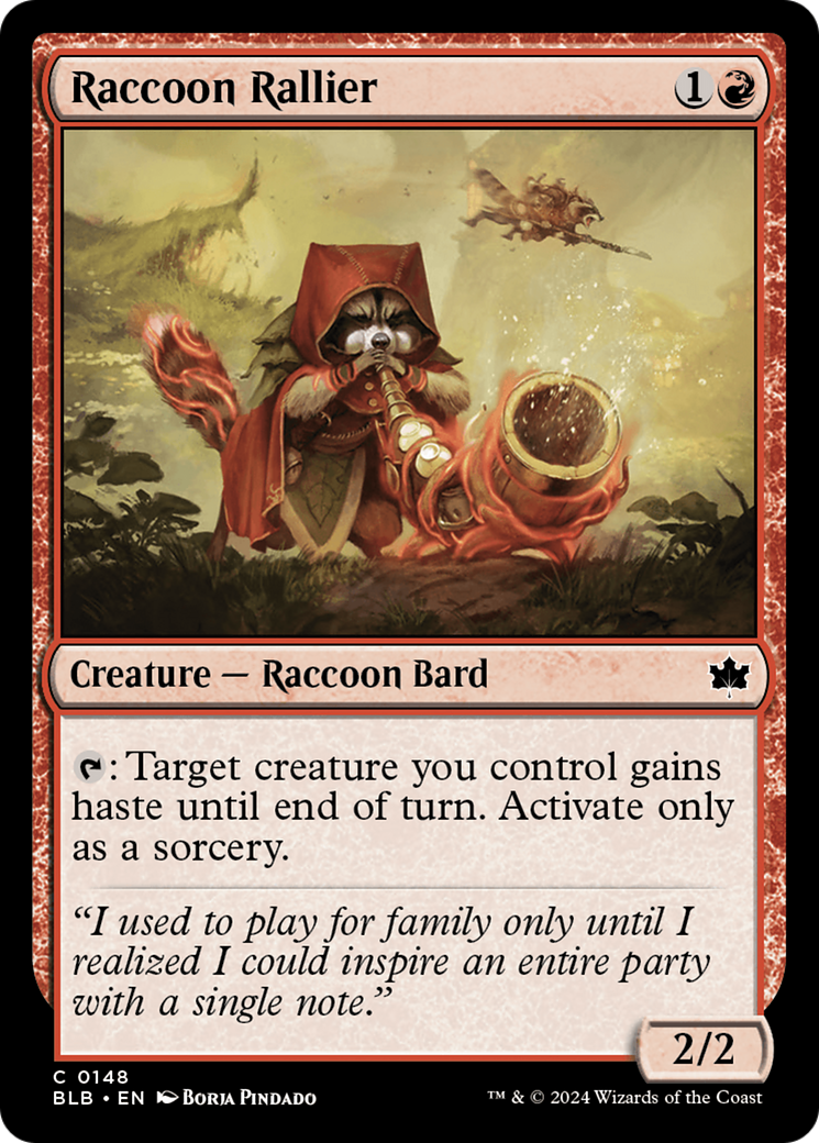 Raccoon Rallier - Common Creature — Raccoon Bard card from Bloomburrow