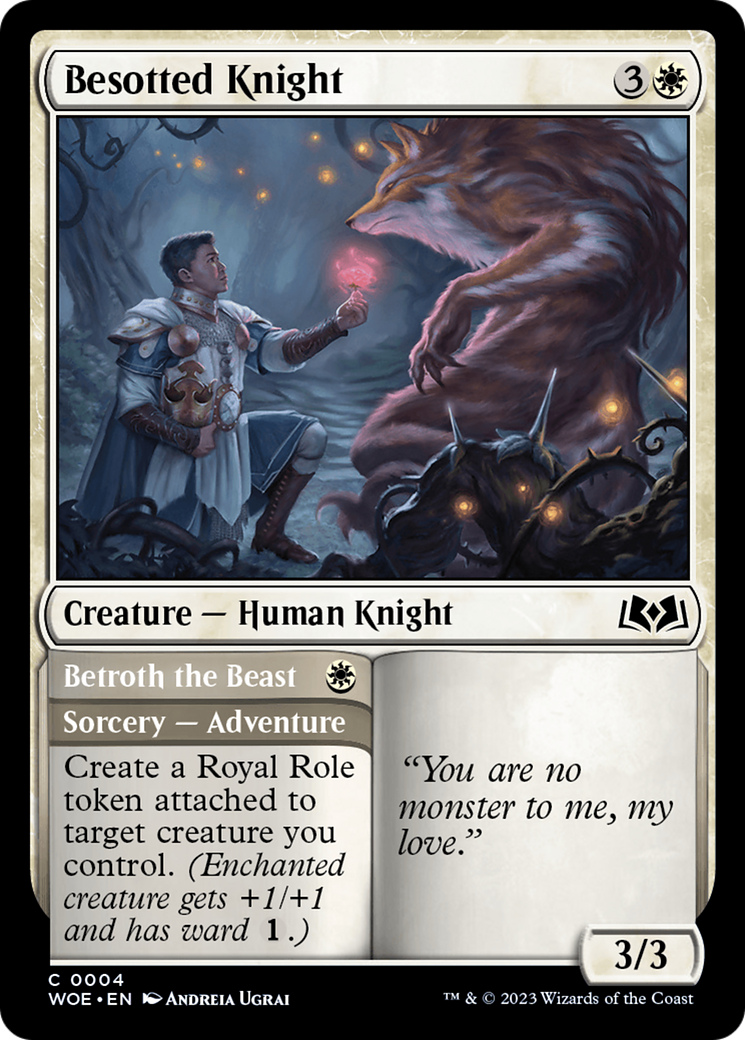 Besotted Knight // Betroth the Beast - Common Creature — Human Knight card from Wilds of Eldraine