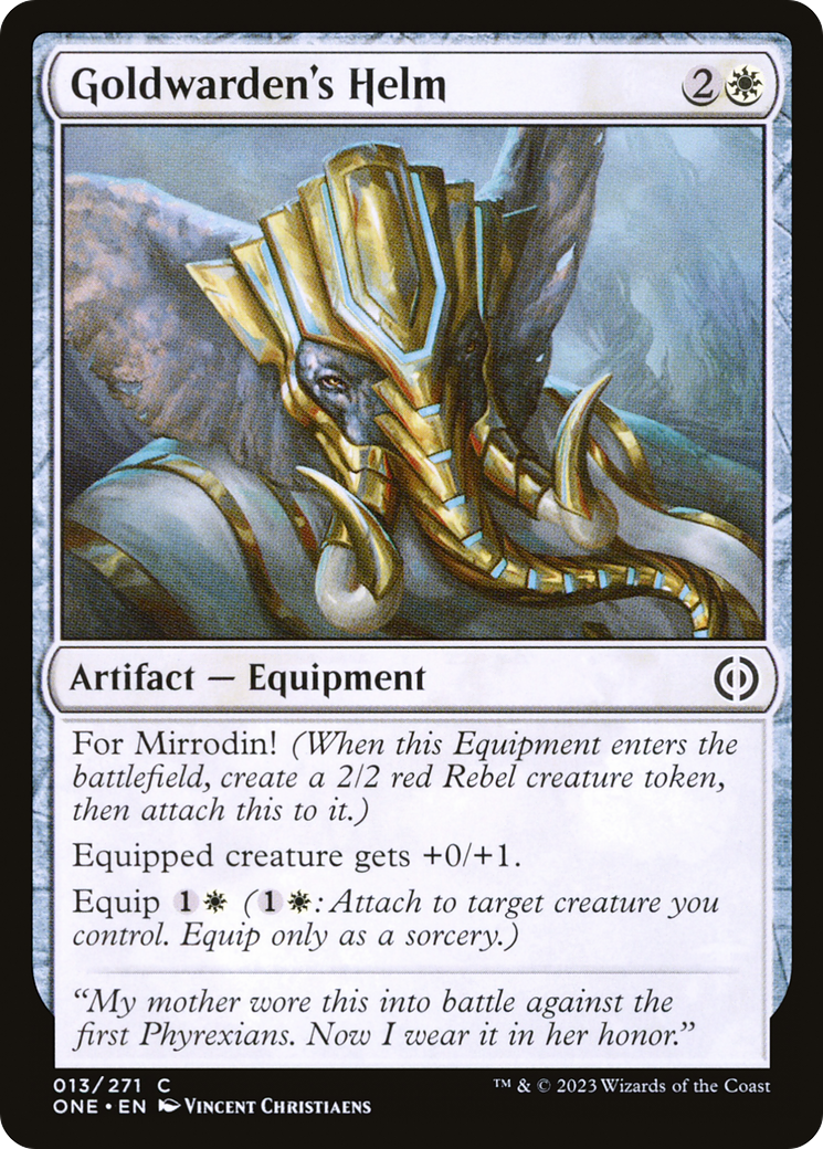 Goldwarden's Helm - Common Artifact — Equipment card from Phyrexia: All Will Be One