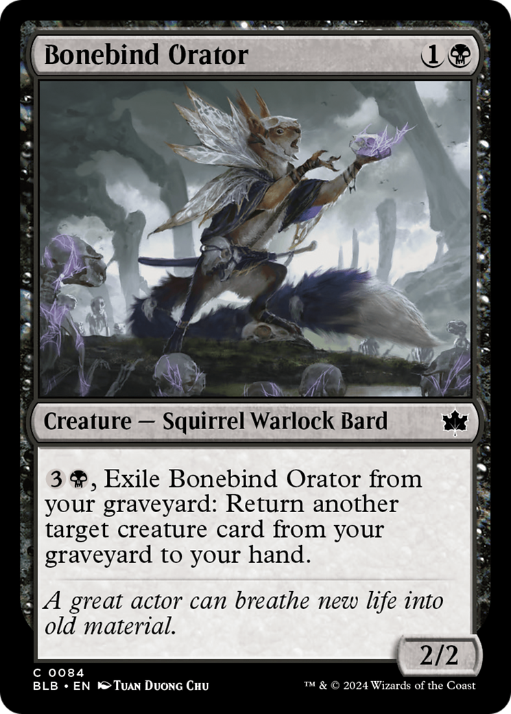 Bonebind Orator - Common Creature — Squirrel Warlock Bard card from Bloomburrow
