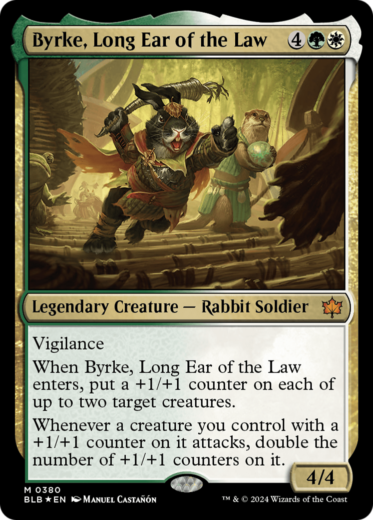 Byrke, Long Ear of the Law - Mythic Legendary Creature — Rabbit Soldier card from Bloomburrow