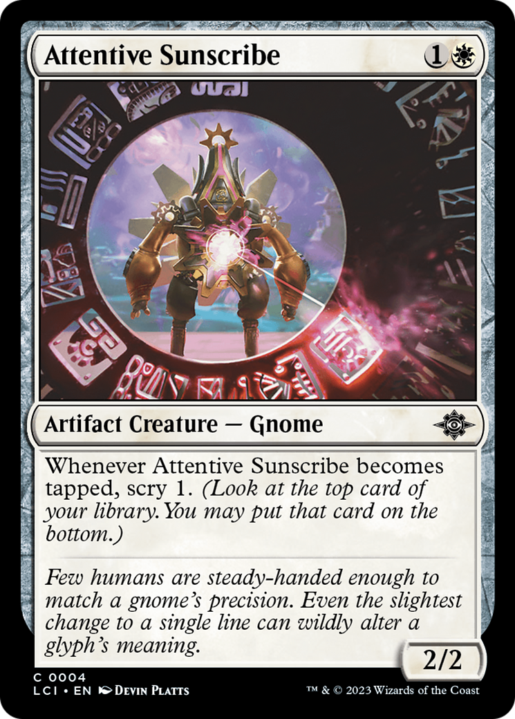 Attentive Sunscribe - Common Artifact Creature — Gnome card from The Lost Caverns of Ixalan