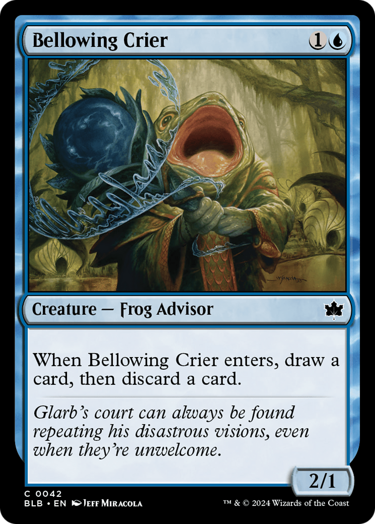 Bellowing Crier - Common Creature — Frog Advisor card from Bloomburrow