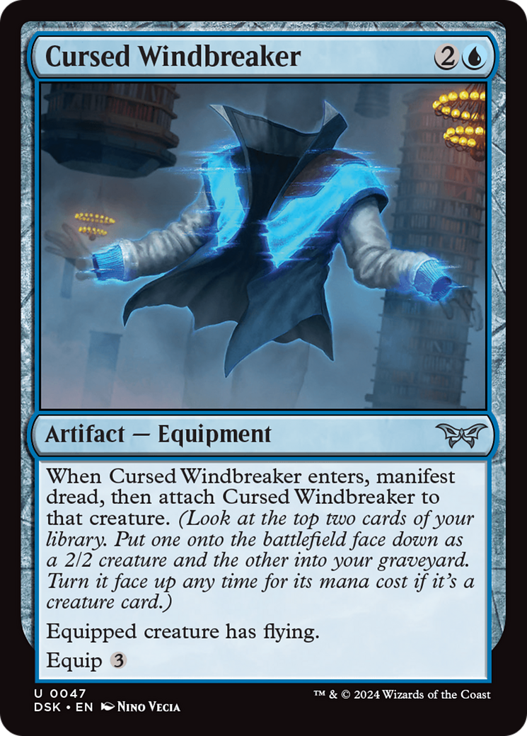 Cursed Windbreaker - Uncommon Artifact — Equipment card from Duskmourn: House of Horror