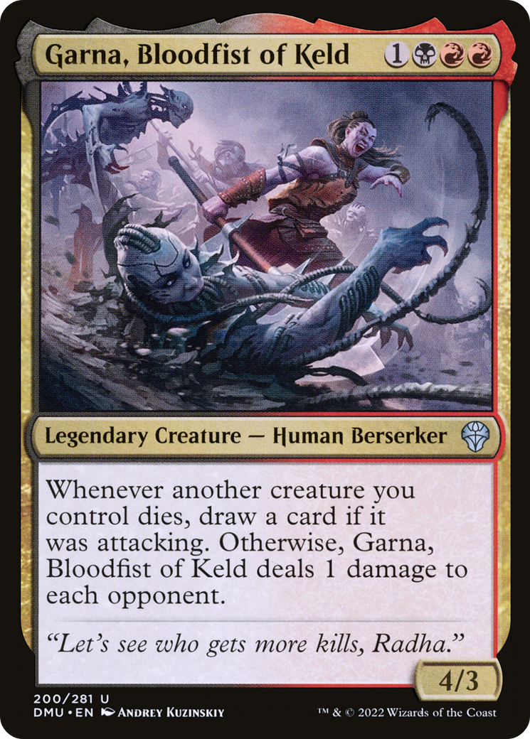 Garna, Bloodfist of Keld - Uncommon Legendary Creature — Human Berserker card from Dominaria United