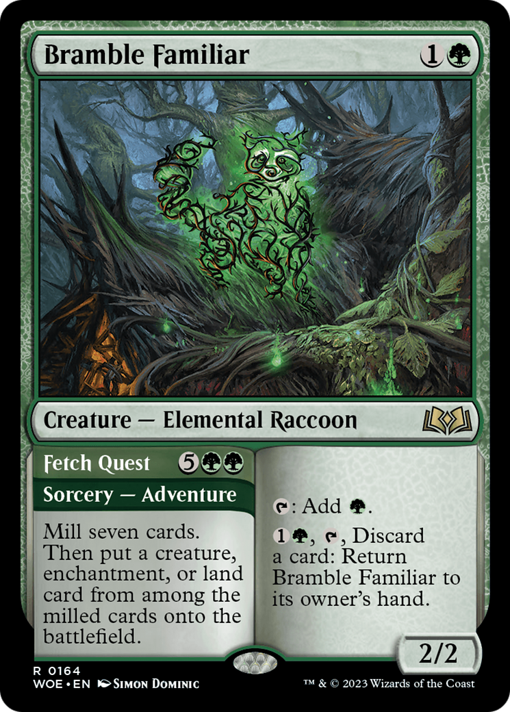 Bramble Familiar // Fetch Quest - Rare Creature — Elemental Raccoon card from Wilds of Eldraine