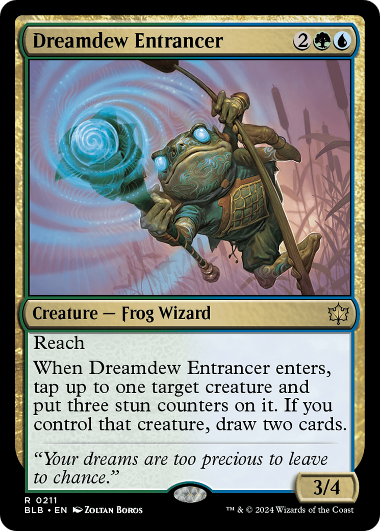 Dreamdew Entrancer - Rare Creature — Frog Wizard card from Bloomburrow