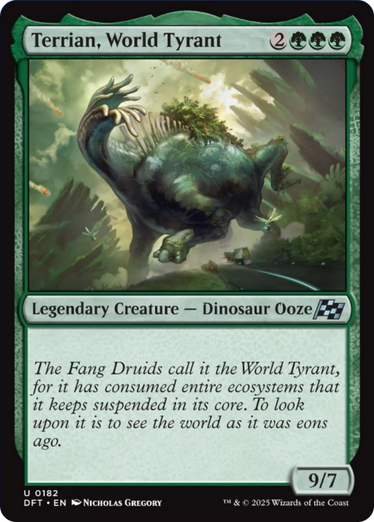 Terrian, World Tyrant - Uncommon Legendary Creature — Dinosaur Ooze card from Aetherdrift
