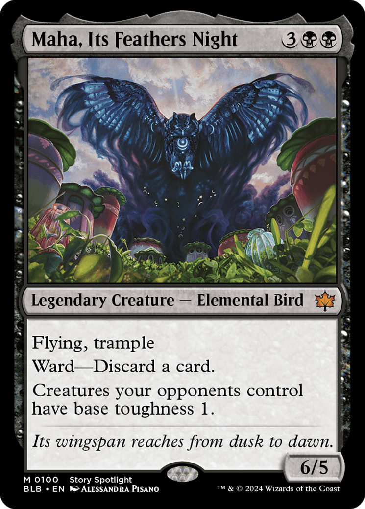 Maha, Its Feathers Night - Mythic Legendary Creature — Elemental Bird card from Bloomburrow
