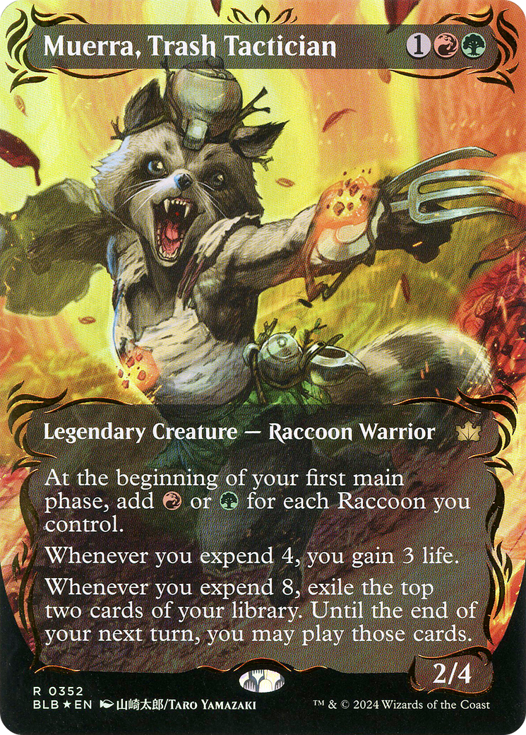 Muerra, Trash Tactician - Rare Legendary Creature — Raccoon Warrior card from Bloomburrow