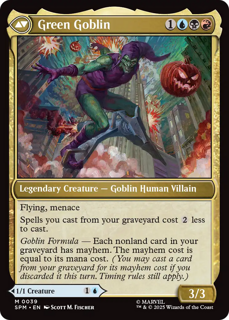 Back face of Norman Osborn // Green Goblin - Legendary Creature — Human Scientist Villain card