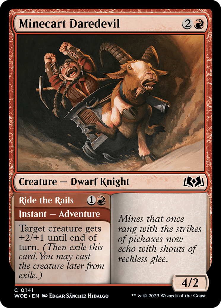 Minecart Daredevil // Ride the Rails - Common Creature — Dwarf Knight card from Wilds of Eldraine