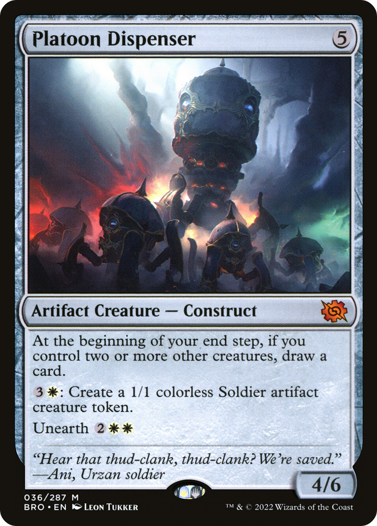 Platoon Dispenser - Mythic Artifact Creature — Construct card from The Brothers' War
