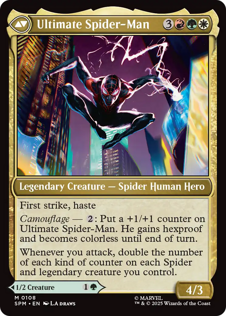 Back face of Miles Morales // Ultimate Spider-Man - Legendary Creature — Spider Human Hero card