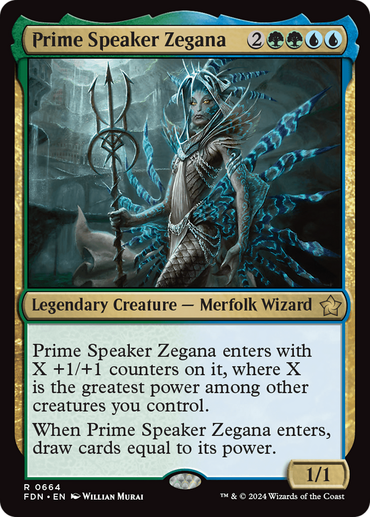 Prime Speaker Zegana - Rare Legendary Creature — Merfolk Wizard card from Foundations