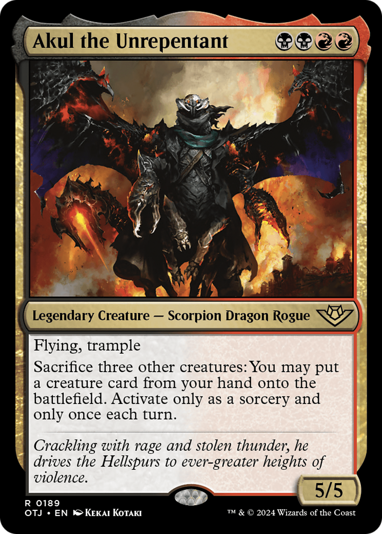 Akul the Unrepentant - Rare Legendary Creature — Scorpion Dragon Rogue card from Outlaws of Thunder Junction