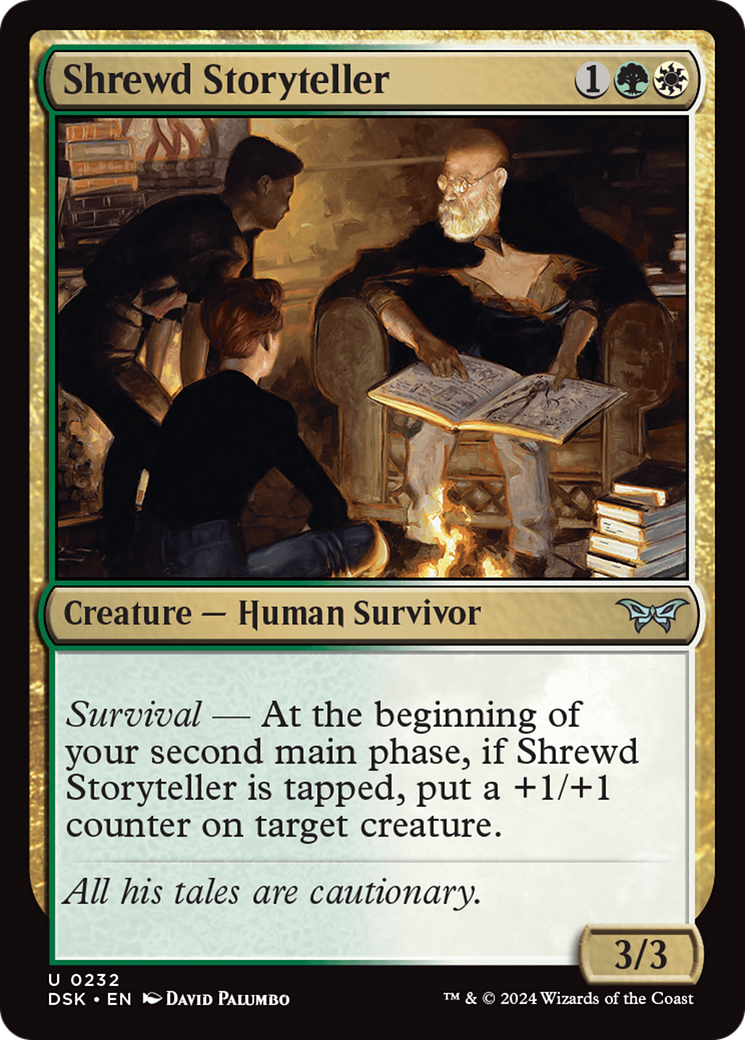 Shrewd Storyteller - Uncommon Creature — Human Survivor card from Duskmourn: House of Horror