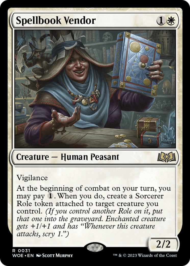 Spellbook Vendor - Rare Creature — Human Peasant card from Wilds of Eldraine