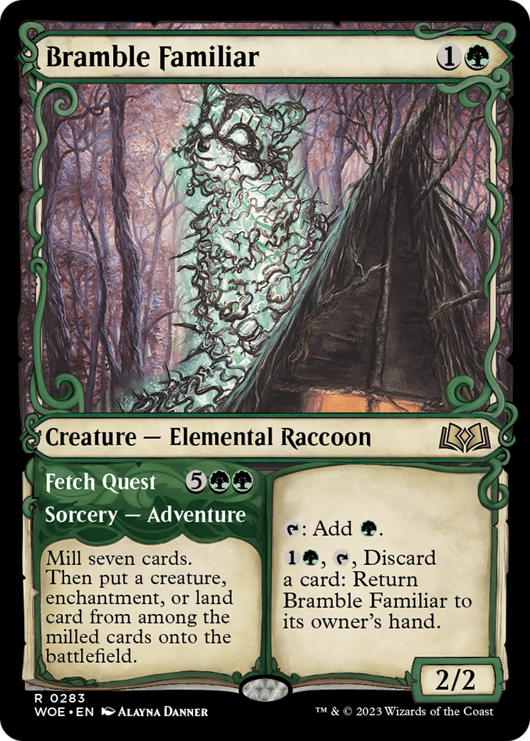 Bramble Familiar // Fetch Quest - Rare Creature — Elemental Raccoon card from Wilds of Eldraine
