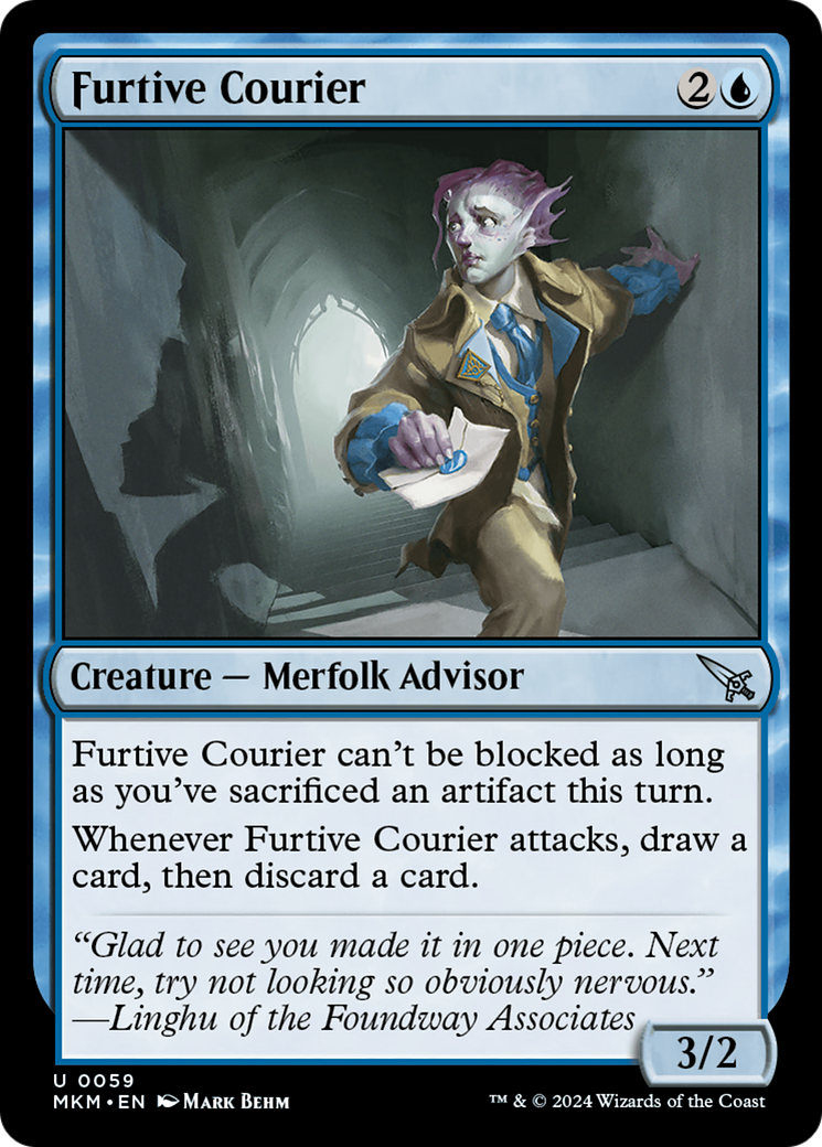 Furtive Courier - Uncommon Creature — Merfolk Advisor card from Murders at Karlov Manor