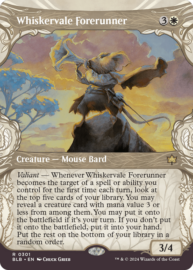 Whiskervale Forerunner - Rare Creature — Mouse Bard card from Bloomburrow