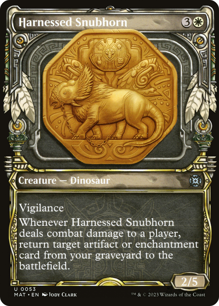Harnessed Snubhorn - Uncommon Creature — Dinosaur card from March of the Machine: The Aftermath