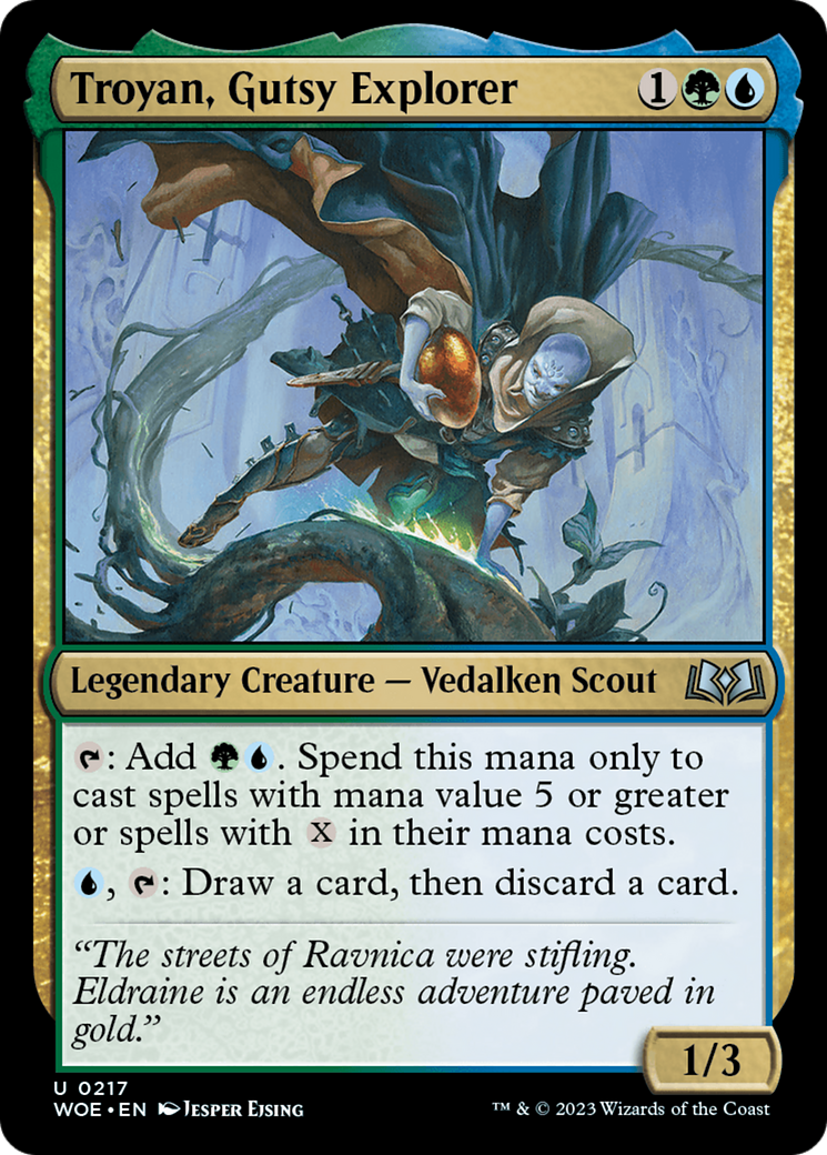 Troyan, Gutsy Explorer - Uncommon Legendary Creature — Vedalken Scout card from Wilds of Eldraine