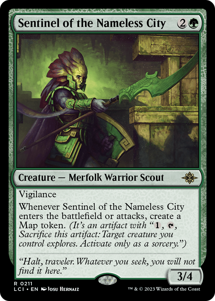 Sentinel of the Nameless City - Rare Creature — Merfolk Warrior Scout card from The Lost Caverns of Ixalan