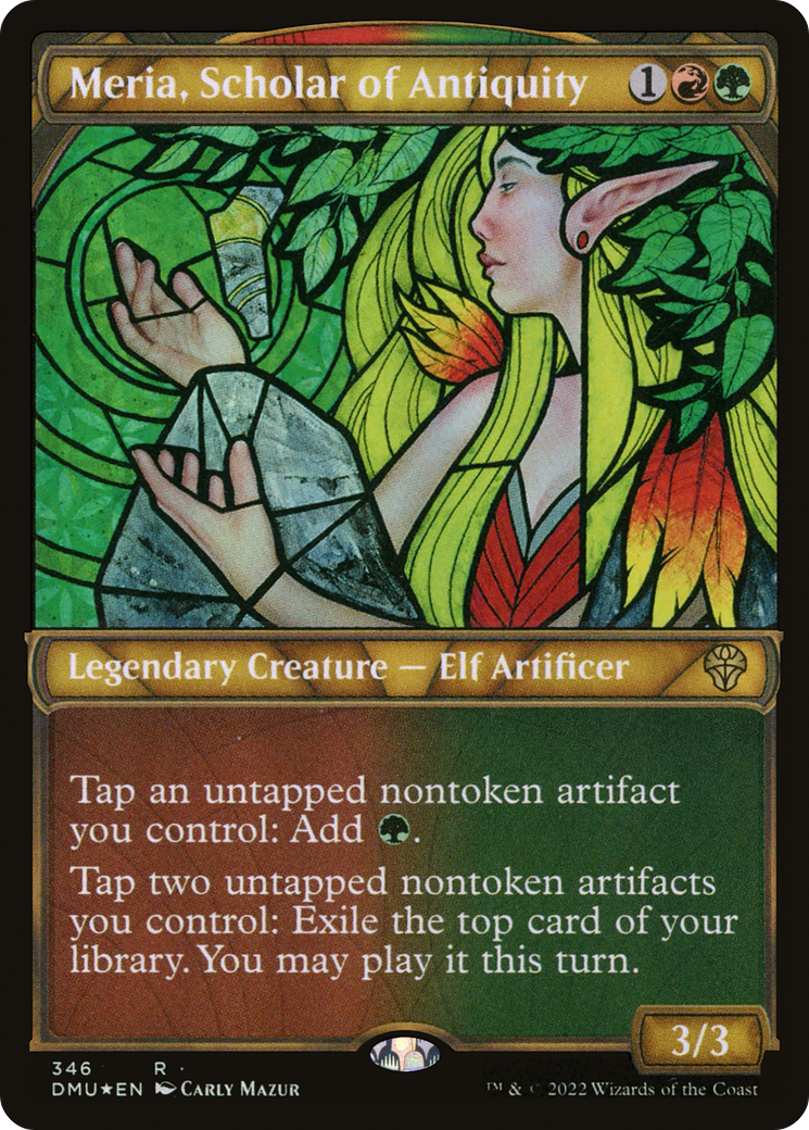 Meria, Scholar of Antiquity - Rare Legendary Creature — Elf Artificer card from Dominaria United