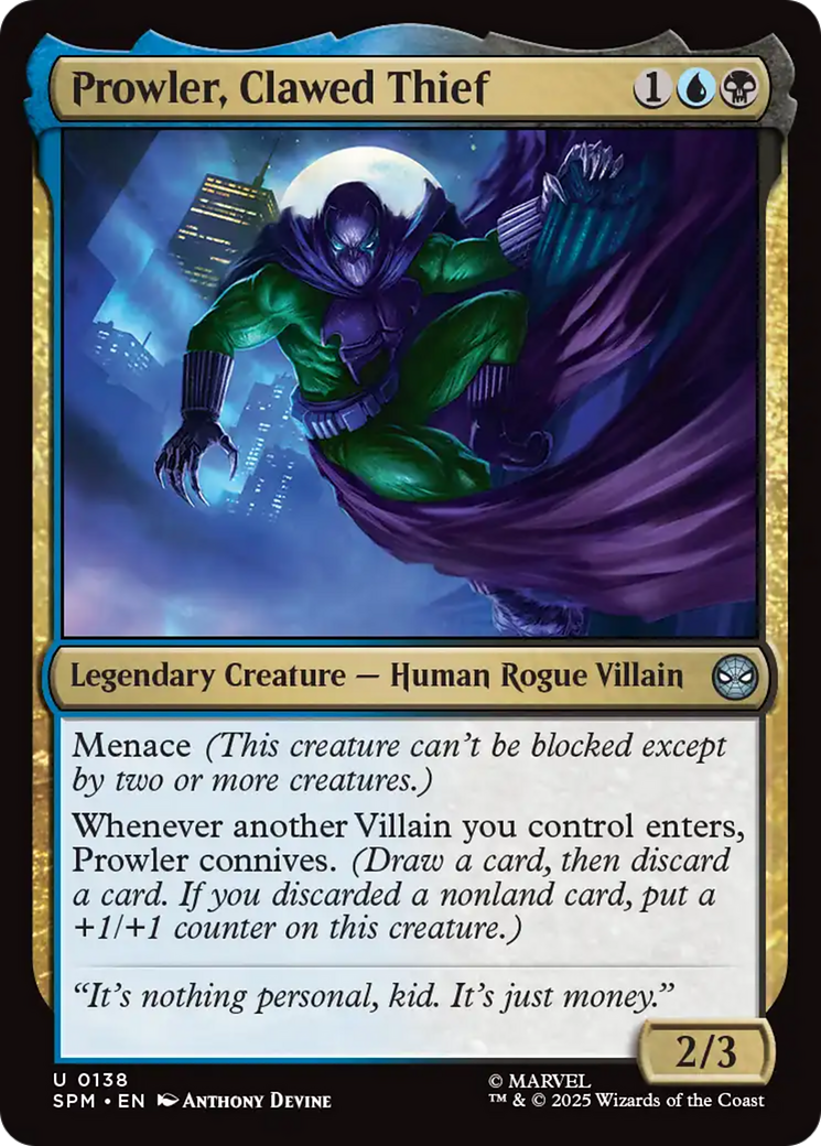Prowler, Clawed Thief - Uncommon Legendary Creature — Human Rogue Villain card from Marvel's Spider-Man