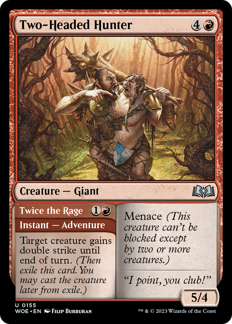 Two-Headed Hunter // Twice the Rage - Uncommon Instant — Adventure card from Wilds of Eldraine