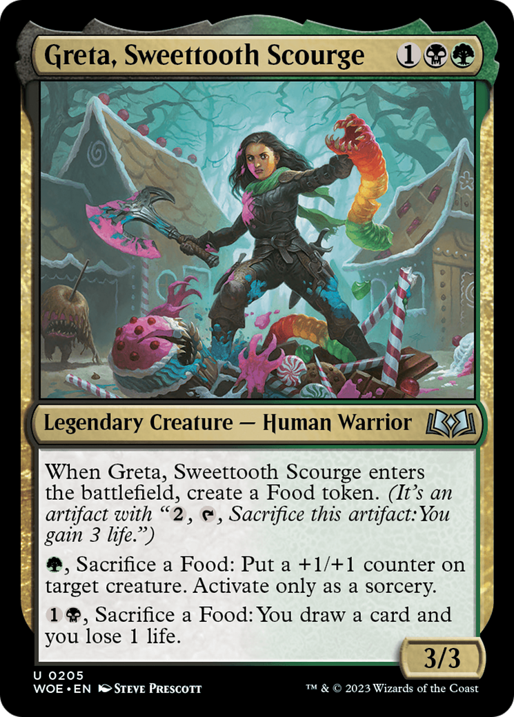 Greta, Sweettooth Scourge - Uncommon Legendary Creature — Human Warrior card from Wilds of Eldraine