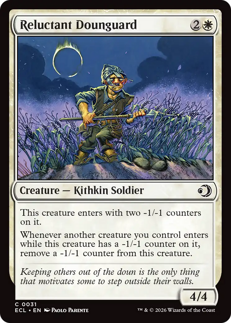 Reluctant Dounguard - Common Creature — Kithkin Soldier card from Lorwyn Eclipsed