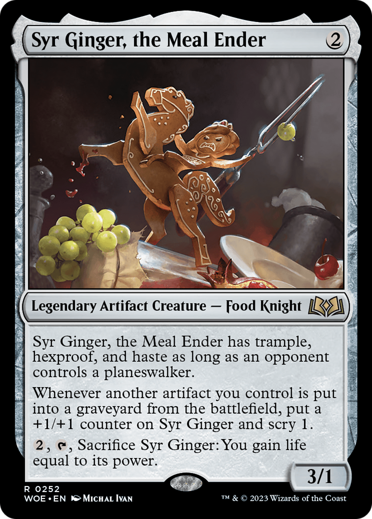 Syr Ginger, the Meal Ender - Rare Legendary Artifact Creature — Food Knight card from Wilds of Eldraine
