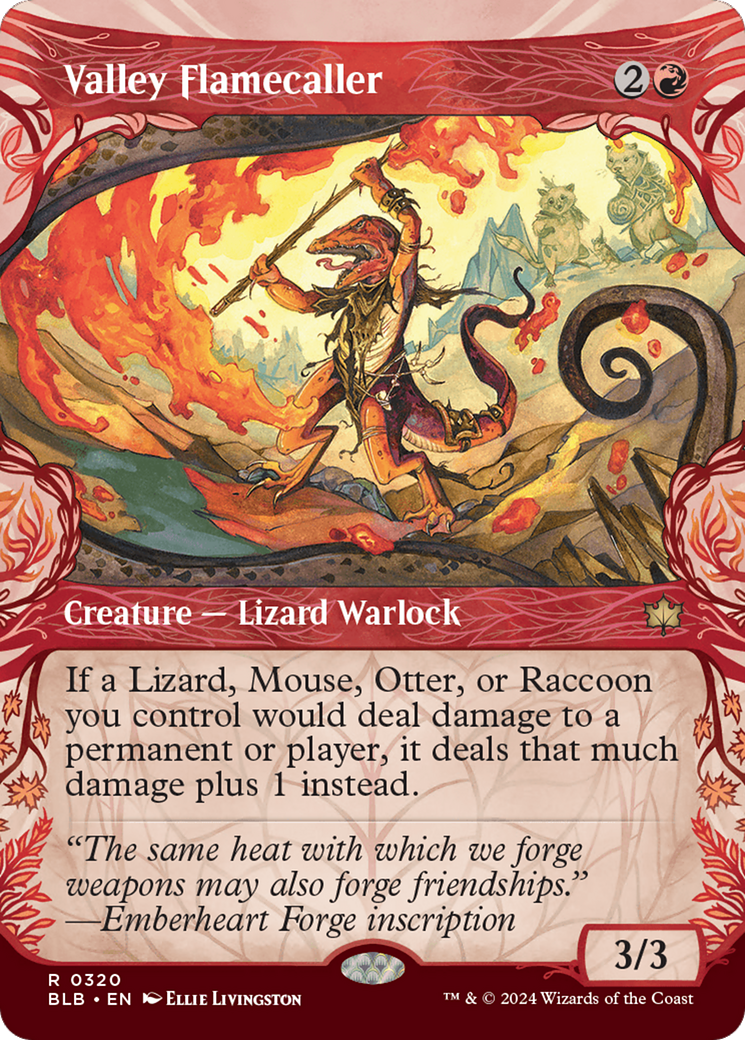 Valley Flamecaller - Rare Creature — Lizard Warlock card from Bloomburrow