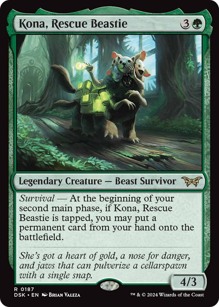 Kona, Rescue Beastie - Rare Legendary Creature — Beast Survivor card from Duskmourn: House of Horror