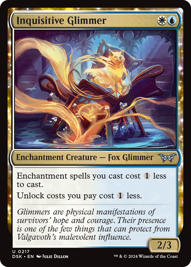 Inquisitive Glimmer - Uncommon Enchantment Creature — Fox Glimmer card from Duskmourn: House of Horror