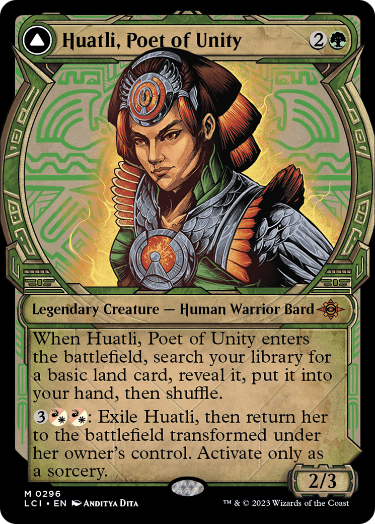 Huatli, Poet of Unity // Roar of the Fifth People - Mythic Legendary Creature — Human Warrior Bard card from The Lost Caverns of Ixalan