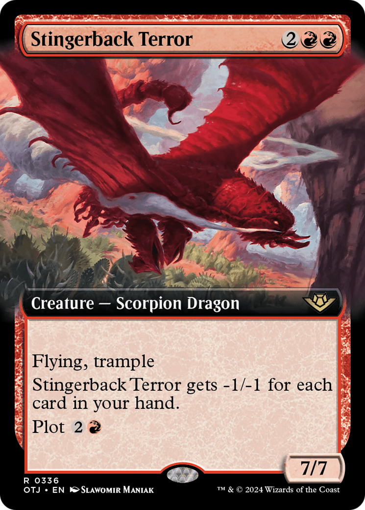 Stingerback Terror - Rare Creature — Scorpion Dragon card from Outlaws of Thunder Junction