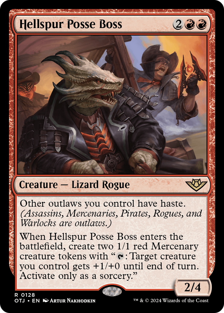 Hellspur Posse Boss - Rare Creature — Lizard Rogue card from Outlaws of Thunder Junction