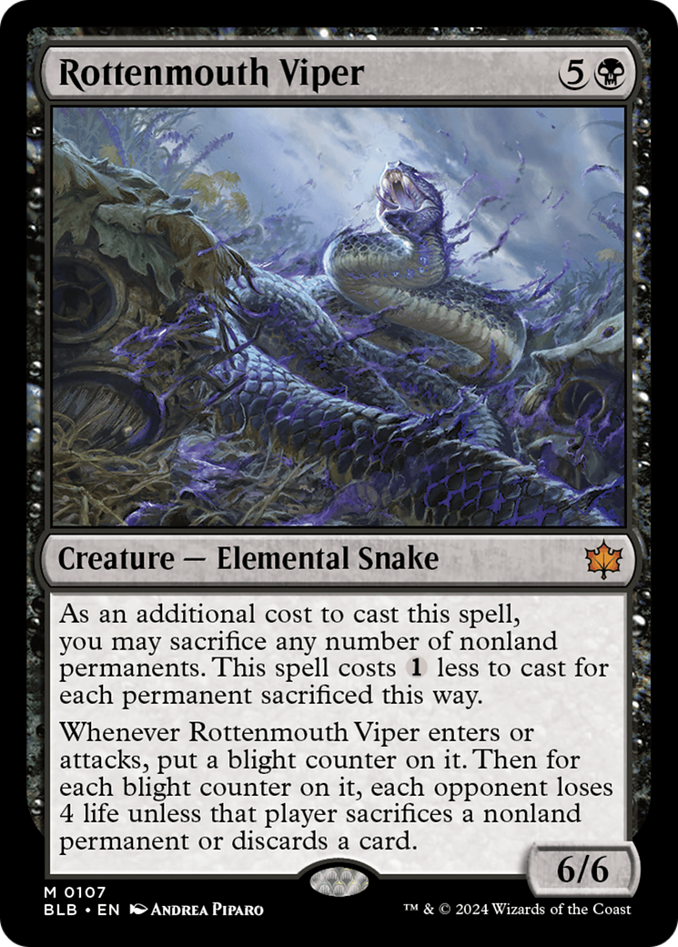 Rottenmouth Viper - Mythic Creature — Elemental Snake card from Bloomburrow