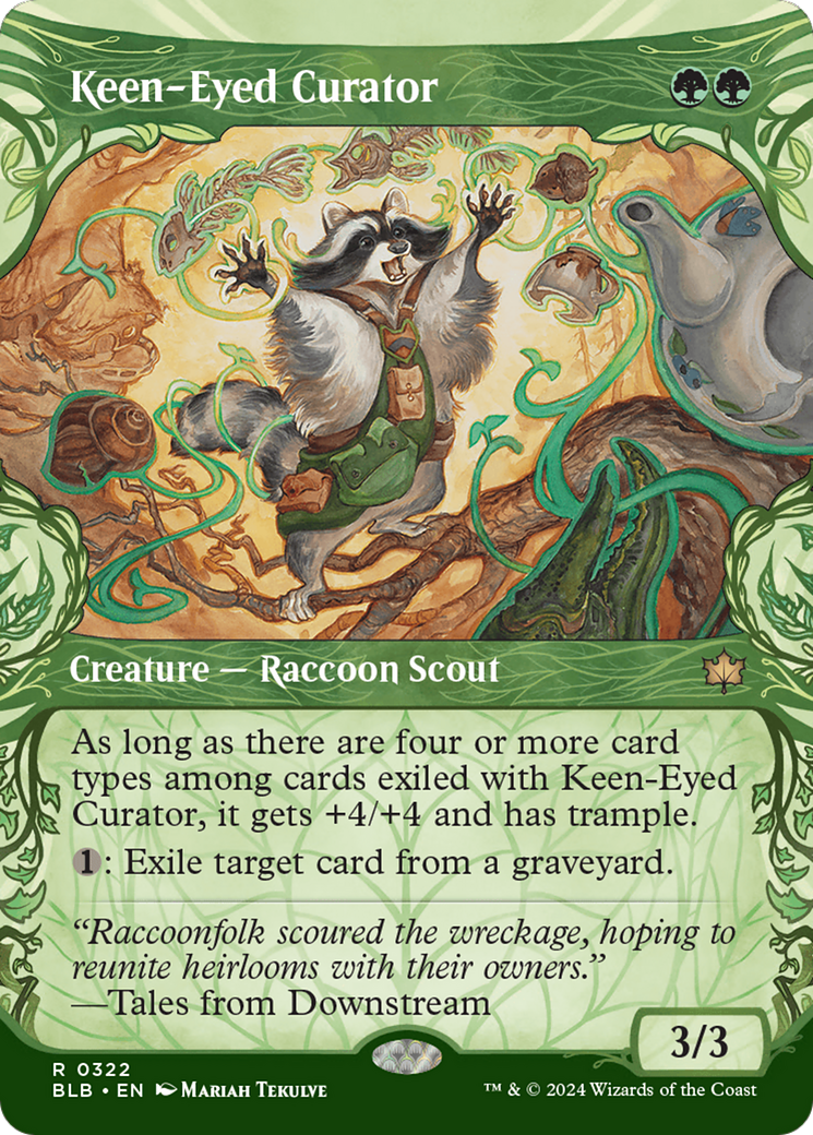 Keen-Eyed Curator - Rare Creature — Raccoon Scout card from Bloomburrow