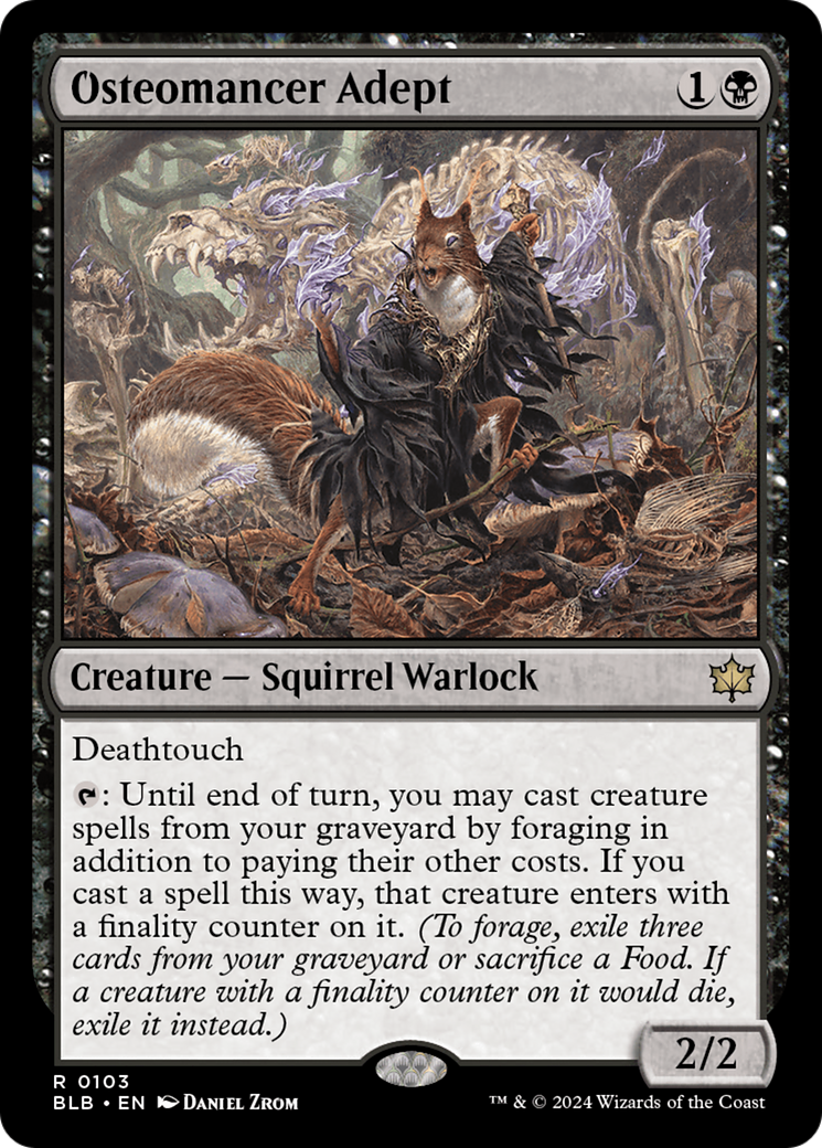 Osteomancer Adept - Rare Creature — Squirrel Warlock card from Bloomburrow