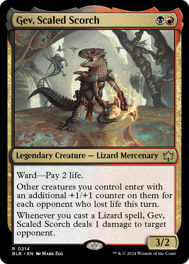 Gev, Scaled Scorch - Rare Legendary Creature — Lizard Mercenary card from Bloomburrow