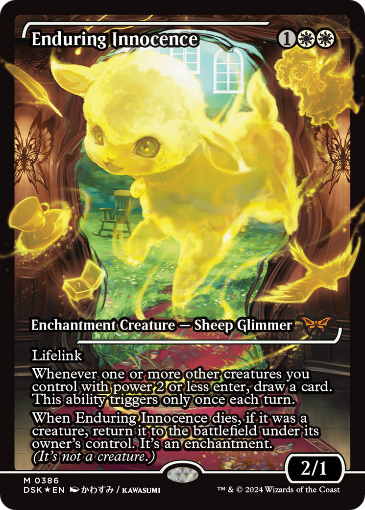 Enduring Innocence - Mythic Enchantment Creature — Sheep Glimmer card from Duskmourn: House of Horror