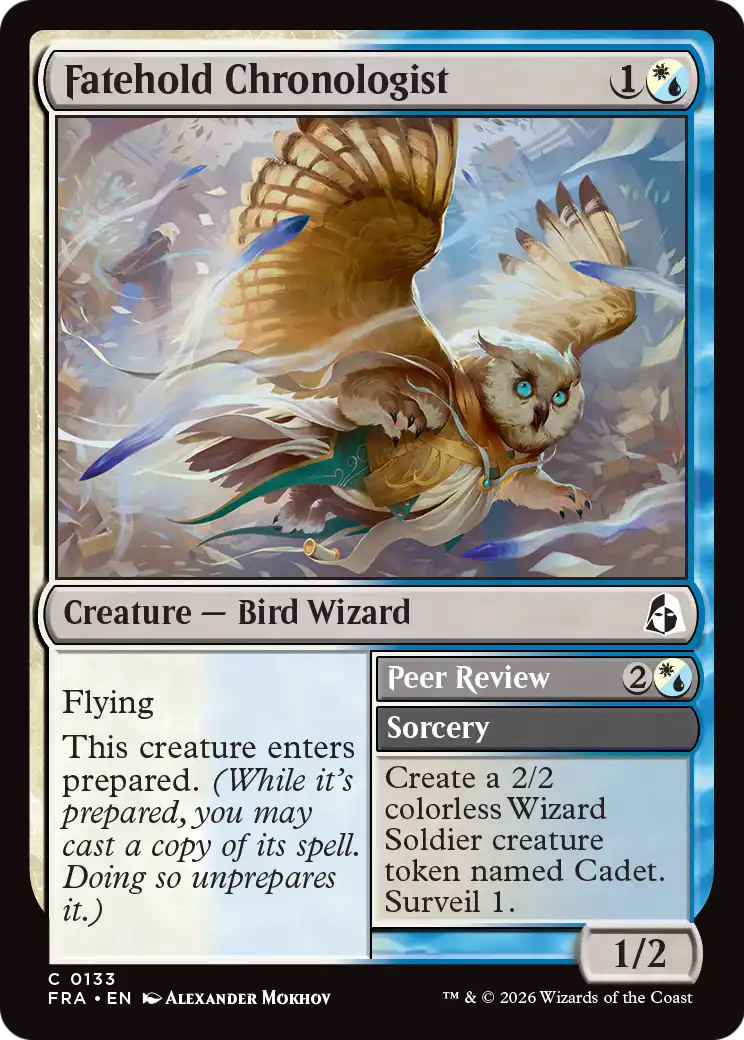 Fatehold Chronologist // Peer Review - Common Creature — Bird Wizard card from Reality Fracture