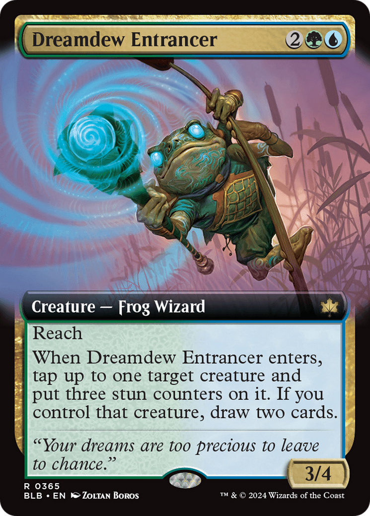 Dreamdew Entrancer - Rare Creature — Frog Wizard card from Bloomburrow