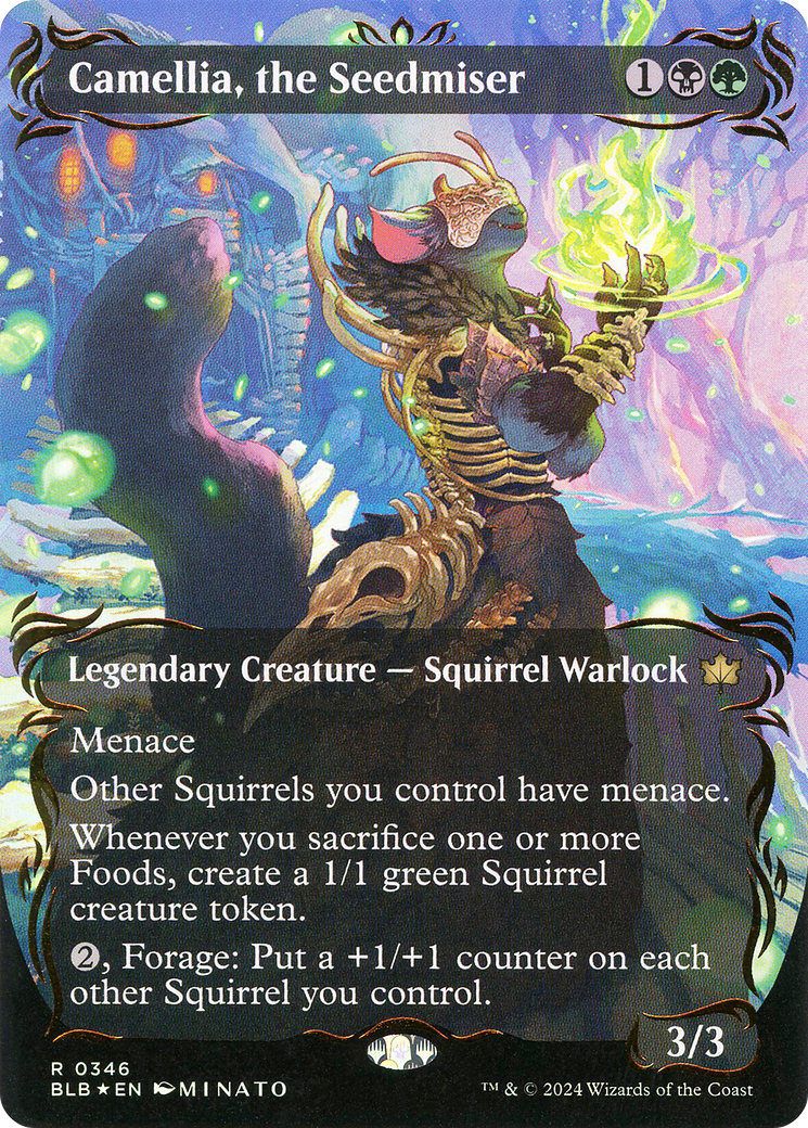 Camellia, the Seedmiser - Rare Legendary Creature — Squirrel Warlock card from Bloomburrow