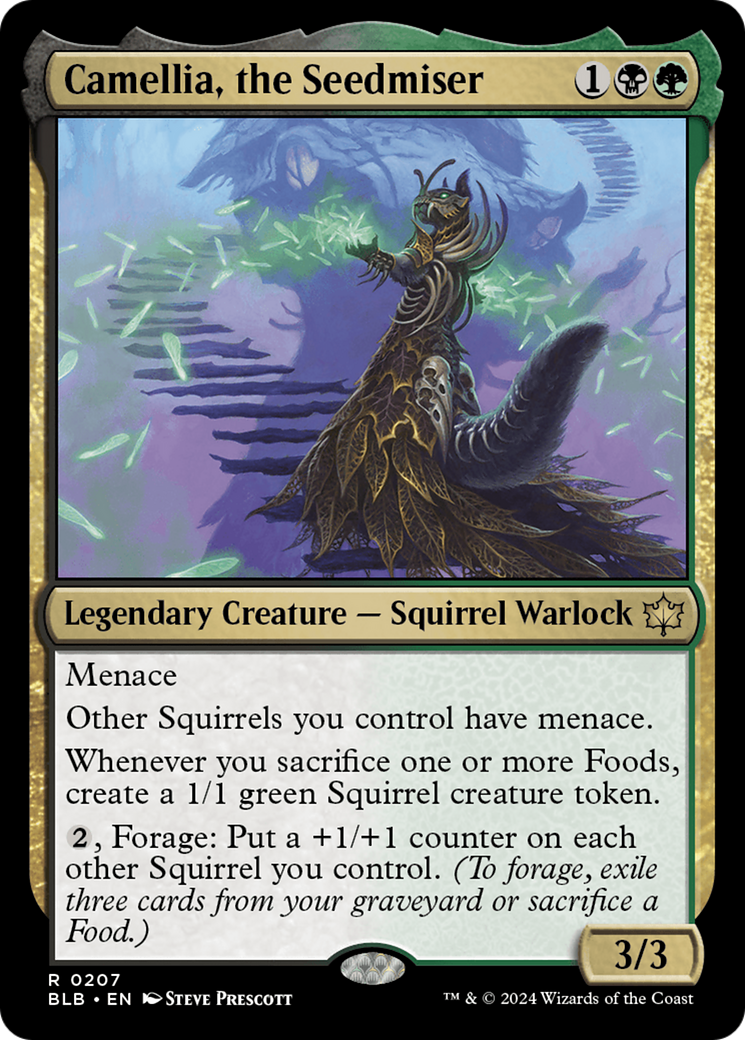 Camellia, the Seedmiser - Rare Legendary Creature — Squirrel Warlock card from Bloomburrow